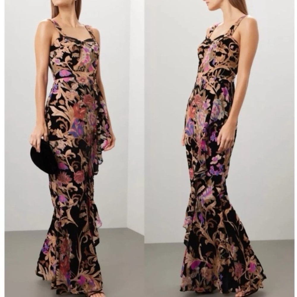 Dress The Population Paris black floral velvet burnout ruffled mermaid gown